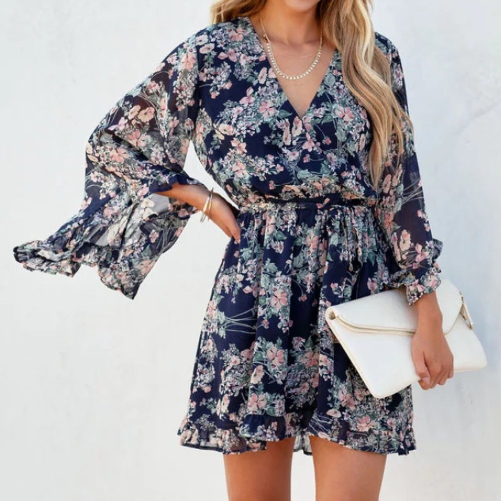 Vici Julieta Floral Kimono Mini Dress Small, Navy Blue, Pink Flower, Lined, NWOT
